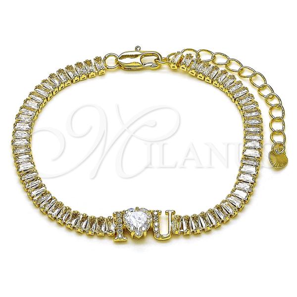 Oro Laminado Fancy Bracelet, Gold Filled Style Love and Baguette Design, with White Cubic Zirconia and White Micro Pave, Polished, Golden Finish, 03.411.0025.07