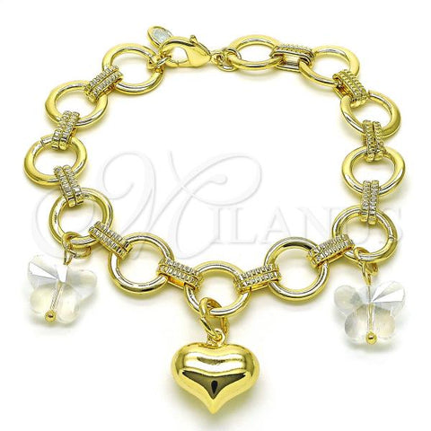Oro Laminado Charm Bracelet, Gold Filled Style Heart and Butterfly Design, with Aurore Boreale Crystal and White Cubic Zirconia, Polished, Golden Finish, 03.331.0309.09