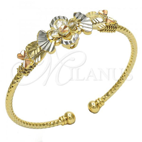 Oro Laminado Individual Bangle, Gold Filled Style Flower Design, Diamond Cutting Finish, Tricolor, 07.311.0005.1 (03 MM Thickness, One size fits all)