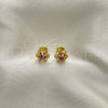 Oro Laminado Stud Earring, Gold Filled Style Flower Design, with Pink Cubic Zirconia, Polished, Golden Finish, 02.09.0201.1