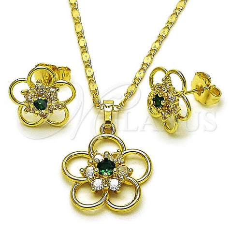 Oro Laminado Earring and Pendant Adult Set, Gold Filled Style Flower Design, with Green and White Cubic Zirconia, Polished, Golden Finish, 10.196.0167