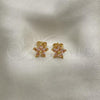 Oro Laminado Stud Earring, Gold Filled Style Flower Design, with Pink Cubic Zirconia, Polished, Golden Finish, 02.310.0024.1