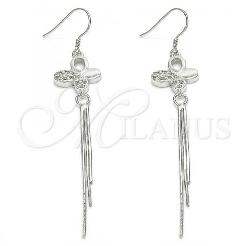 Sterling Silver Long Earring, Butterfly Design, with White Cubic Zirconia, Polished, Rhodium Finish, 02.183.0032