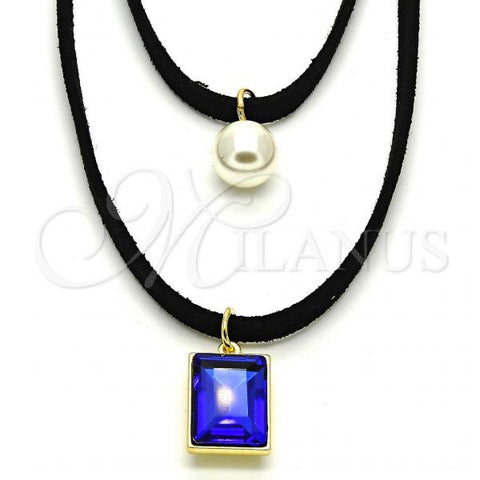 Oro Laminado Fancy Necklace, Gold Filled Style Choker and Ball Design, with Dark Tanzanite Cubic Zirconia and Ivory Pearl, Polished, Golden Finish, 04.215.0020.1.13