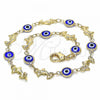 Oro Laminado Fancy Anklet, Gold Filled Style Evil Eye and Dolphin Design, Blue Resin Finish, Golden Finish, 03.326.0009.2.10