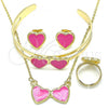 Oro Laminado Necklace, Bracelet, Earring and Ring, Gold Filled Style Heart Design, Pink Enamel Finish, Golden Finish, 06.361.0025
