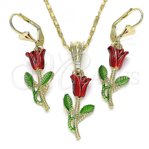 Oro Laminado Earring and Pendant Adult Set, Gold Filled Style Flower Design, Polished, Tricolor, 10.351.0006.1