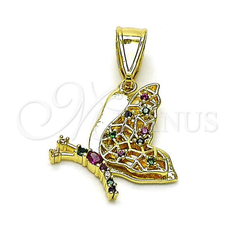 Oro Laminado Fancy Pendant, Gold Filled Style Butterfly Design, with Multicolor Cubic Zirconia, Polished, Golden Finish, 05.411.0034.1