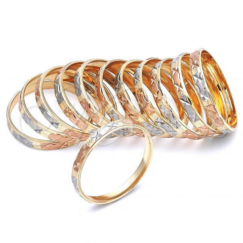 Gold Plated Dozen Bangle, Diamond Cutting Finish, Tricolor, 5.264.002.01 (06 MM Thickness, Size 1 - 1.50 Diameter)
