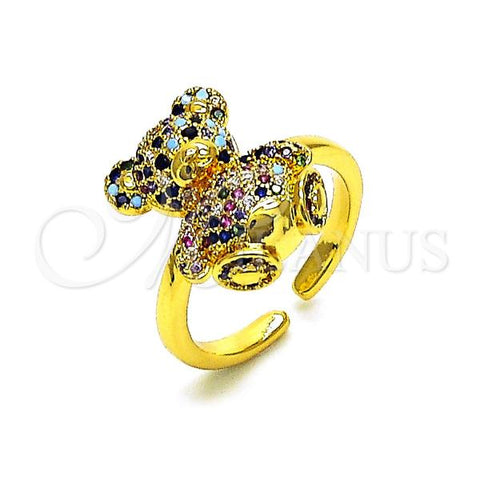 Oro Laminado Multi Stone Ring, Gold Filled Style Teddy Bear Design, with Multicolor Micro Pave, Polished, Golden Finish, 01.341.0112.4