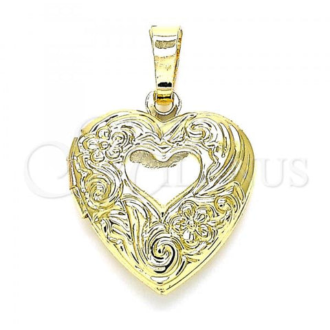 Oro Laminado Locket Pendant, Gold Filled Style Heart and Flower Design, Polished, Golden Finish, 05.117.0010
