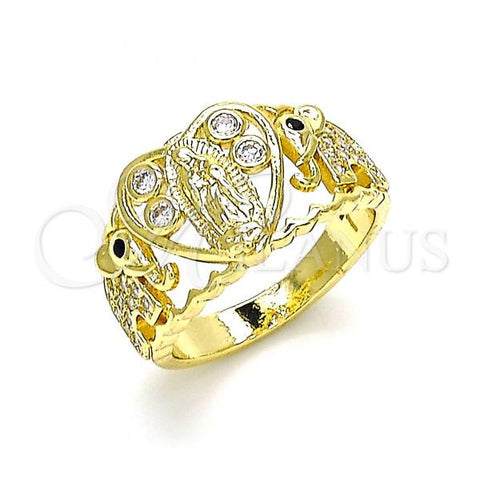 Oro Laminado Multi Stone Ring, Gold Filled Style Guadalupe and Heart Design, with White and Black Cubic Zirconia, Polished, Golden Finish, 01.380.0017.07