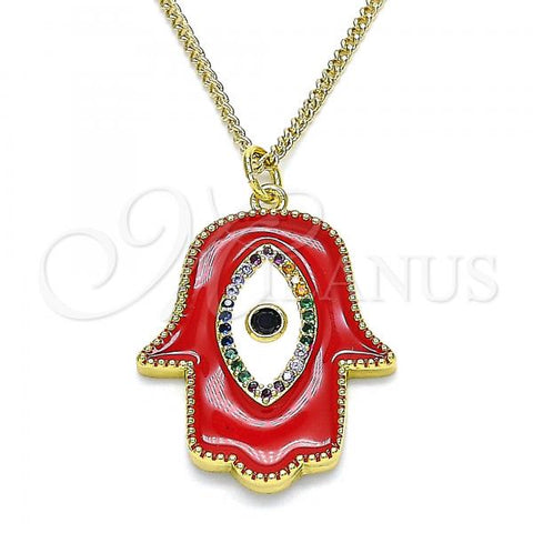 Oro Laminado Pendant Necklace, Gold Filled Style Hand of God and Evil Eye Design, with Multicolor Micro Pave and Black Cubic Zirconia, Red Enamel Finish, Golden Finish, 04.313.0051.20