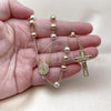 Oro Laminado Medium Rosary, Gold Filled Style San Benito and Crucifix Design, with White Cubic Zirconia, Diamond Cutting Finish, Tricolor, 09.253.0085.26