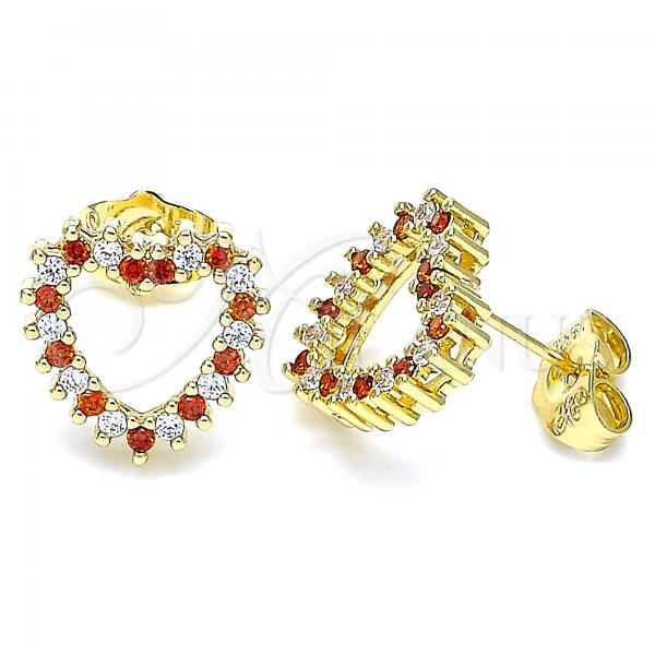 Oro Laminado Stud Earring, Gold Filled Style Heart Design, with Garnet and White Cubic Zirconia, Polished, Golden Finish, 02.156.0503.1