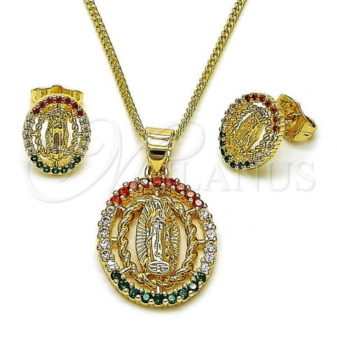 Oro Laminado Earring and Pendant Adult Set, Gold Filled Style Guadalupe and Twist Design, with Multicolor Cubic Zirconia, Polished, Golden Finish, 10.60.0009.1