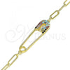 Oro Laminado Fancy Bracelet, Gold Filled Style Paperclip Design, with Multicolor Micro Pave, Polished, Golden Finish, 03.313.0035.1.07