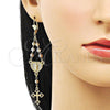 Oro Laminado Long Earring, Gold Filled Style Heart and Guadalupe Design, Polished, Tricolor, 02.253.0086
