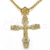 Oro Laminado Religious Pendant, Gold Filled Style Crucifix Design, with Garnet and White Cubic Zirconia, Polished, Golden Finish, 05.253.0048