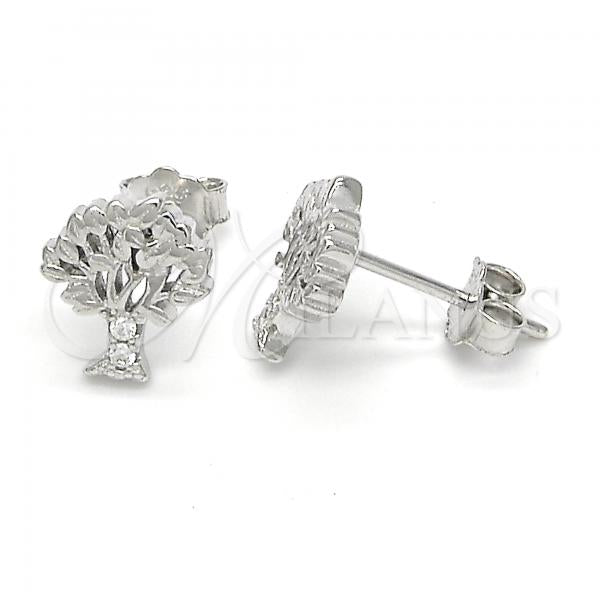Sterling Silver Stud Earring, Tree Design, with White Crystal, Polished, Rhodium Finish, 02.336.0045