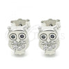 Sterling Silver Stud Earring, Owl Design, with Black and White Cubic Zirconia, Polished, Rhodium Finish, 02.336.0143