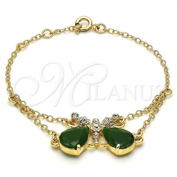 Oro Laminado Fancy Bracelet, Gold Filled Style Butterfly and Rolo Design, with Green Cubic Zirconia and White Crystal, Polished, Golden Finish, 03.91.0066.07