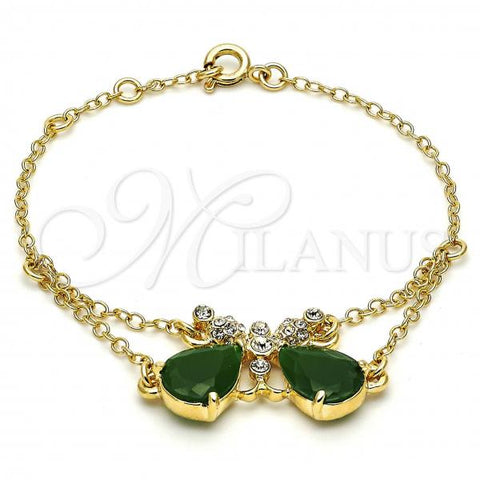 Oro Laminado Fancy Bracelet, Gold Filled Style Butterfly and Rolo Design, with Green Cubic Zirconia and White Crystal, Polished, Golden Finish, 03.91.0066.07
