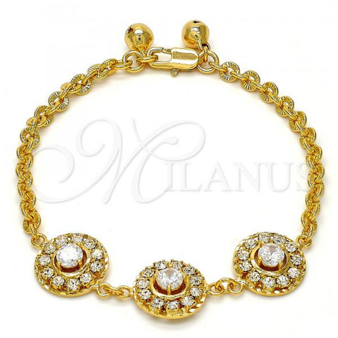 Gold Tone Fancy Bracelet, Flower and Rattle Charm Design, with White Crystal and White Cubic Zirconia, Diamond Cutting Finish, Golden Finish, 03.270.0006.08.GT