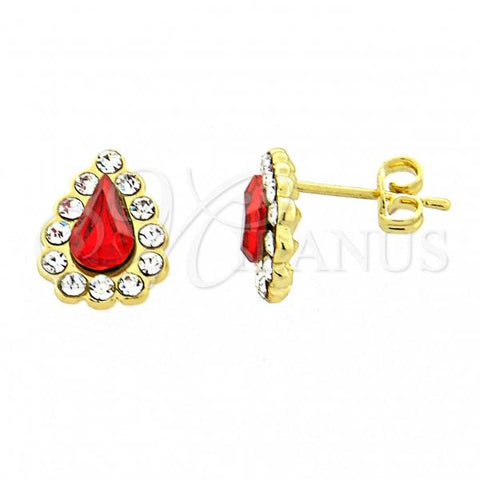 Oro Laminado Stud Earring, Gold Filled Style Teardrop Design, with Garnet and White Crystal, Polished, Golden Finish, 02.59.00052