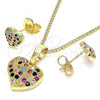 Oro Laminado Earring and Pendant Adult Set, Gold Filled Style Heart Design, with Multicolor Micro Pave, Polished, Golden Finish, 10.233.0045.2