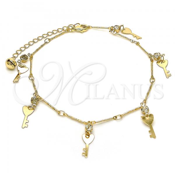 Oro Laminado Charm Anklet , Gold Filled Style key and Rattle Charm Design, with White Crystal, Polished, Golden Finish, 03.213.0092.10