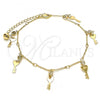 Oro Laminado Charm Anklet , Gold Filled Style key and Rattle Charm Design, with White Crystal, Polished, Golden Finish, 03.213.0092.10