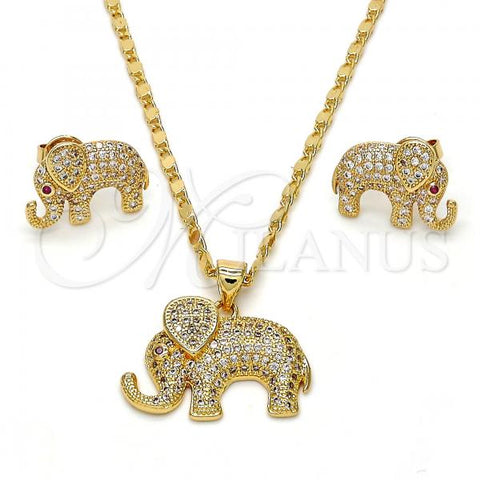 Oro Laminado Necklace and Earring, Gold Filled Style Elephant Design, with White and Ruby Micro Pave, Polished, Golden Finish, 10.199.0072.2