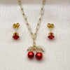 Oro Laminado Earring and Pendant Adult Set, Gold Filled Style Cherry and Paperclip Design, with Garnet Cubic Zirconia, Red Enamel Finish, Golden Finish, 10.417.0026