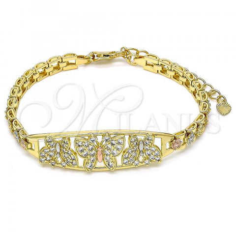 Oro Laminado Fancy Bracelet, Gold Filled Style Butterfly and Flower Design, with White Cubic Zirconia, Polished, Tricolor, 03.380.0089.1.07