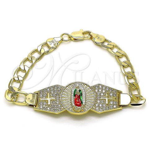 Oro Laminado Fancy Bracelet, Gold Filled Style Guadalupe and Cross Design, with White Cubic Zirconia, Diamond Cutting Finish, Tricolor, 03.411.0021.07