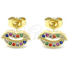 Oro Laminado Stud Earring, Gold Filled Style Lips Design, with Multicolor Micro Pave, Polished, Golden Finish, 02.210.0400.1