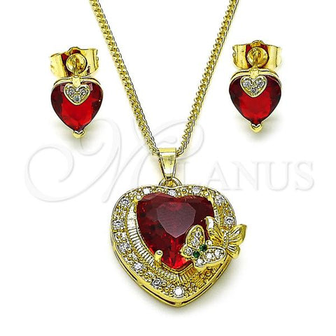 Oro Laminado Earring and Pendant Adult Set, Gold Filled Style Heart and Butterfly Design, with Garnet and White Cubic Zirconia, Polished, Golden Finish, 10.284.0038