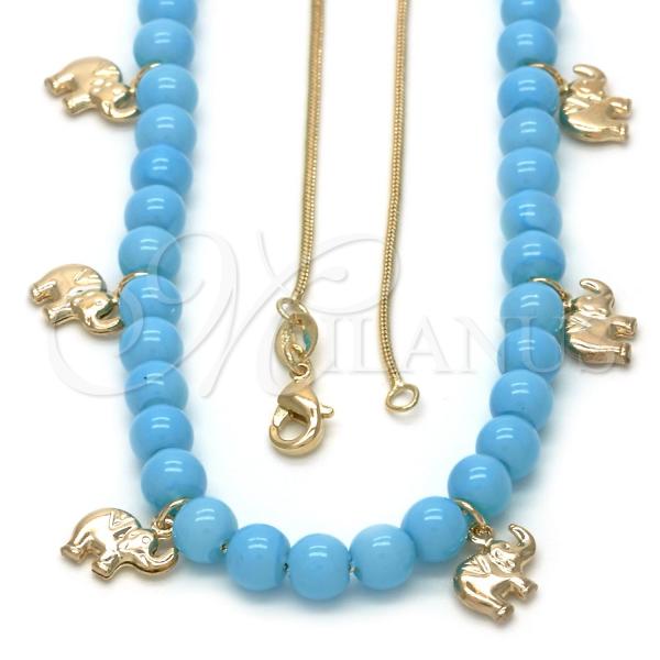 Oro Laminado Pendant Necklace, Gold Filled Style Elephant and Rat Tail Design, Blue Resin Finish, Golden Finish, 04.32.0008.2.18