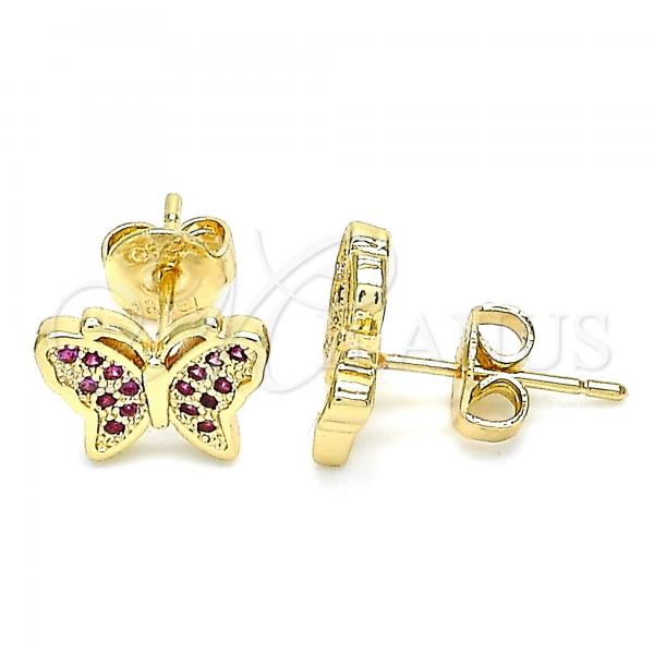 Oro Laminado Stud Earring, Gold Filled Style Butterfly Design, with Ruby Micro Pave, Polished, Golden Finish, 02.156.0443.1