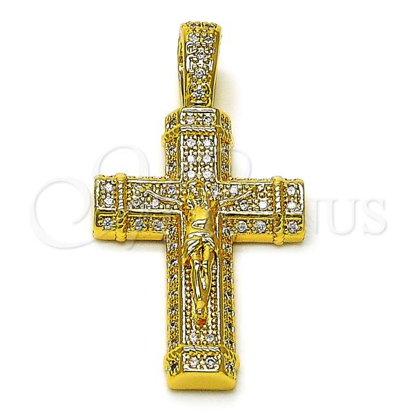 Oro Laminado Religious Pendant, Gold Filled Style Crucifix and Cross Design, with White Micro Pave, Polished, Golden Finish, 05.342.0230