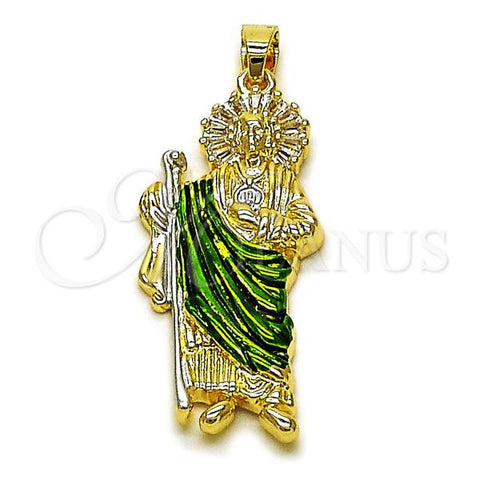 Oro Laminado Religious Pendant, Gold Filled Style San Judas and Baguette Design, with White Cubic Zirconia, Polished, Tricolor, 05.210.0017