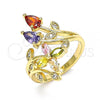 Oro Laminado Multi Stone Ring, Gold Filled Style Leaf and Flower Design, with Multicolor Cubic Zirconia, Polished, Golden Finish, 01.283.0025.09