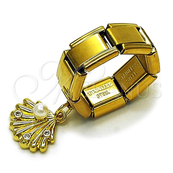 Oro Laminado Multi Stone Ring, Gold Filled Style Shell Design, with White Cubic Zirconia and Ivory Pearl, Polished, Golden Finish, 01.341.0163