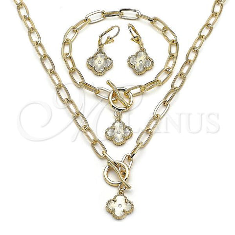 Oro Laminado Necklace, Bracelet, Earring and Ring, Gold Filled Style Four-leaf Clover and Paperclip Design, Diamond Cutting Finish, Golden Finish, 06.372.0088