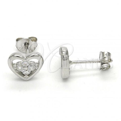 Sterling Silver Stud Earring, Heart and Flower Design, with White Cubic Zirconia, Polished,, 02.285.0054