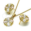 Oro Laminado Earring and Pendant Adult Set, Gold Filled Style Flower Design, with White Crystal, Polished, Tricolor, 10.361.0005