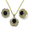 Oro Laminado Earring and Pendant Adult Set, Gold Filled Style Cluster and Flower Design, with Black and White Cubic Zirconia, Polished, Golden Finish, 10.284.0044.4