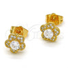 Oro Laminado Stud Earring, Gold Filled Style Flower Design, with White Micro Pave and White Cubic Zirconia, Polished, Golden Finish, 02.282.0002