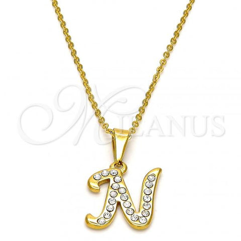 Stainless Steel Pendant Necklace, Initials and Rolo Design, with White Crystal, Polished, Golden Finish, 04.238.0012.18